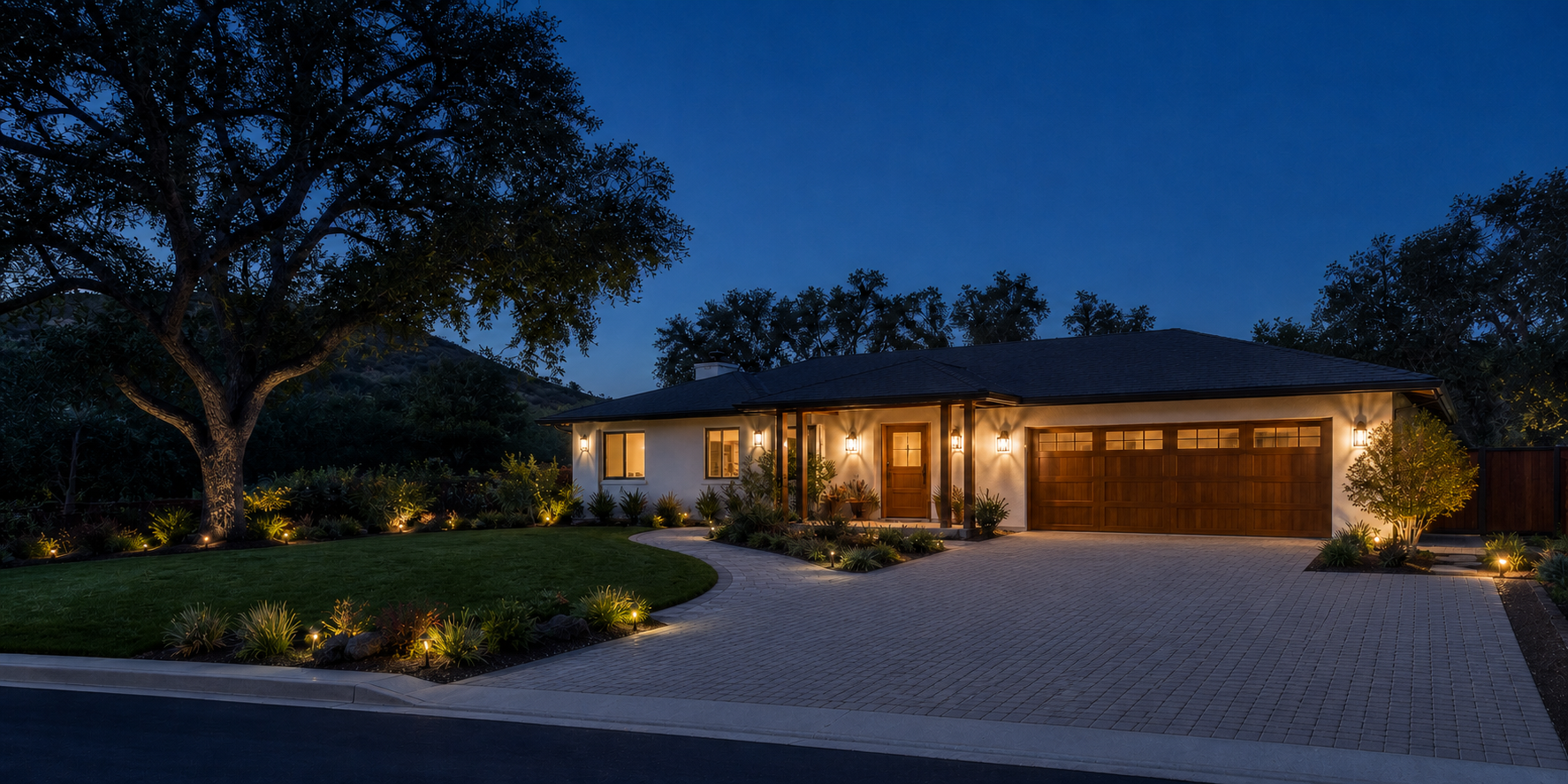 Original planning concept of a Conejo Valley ranch home renovation at blue hour